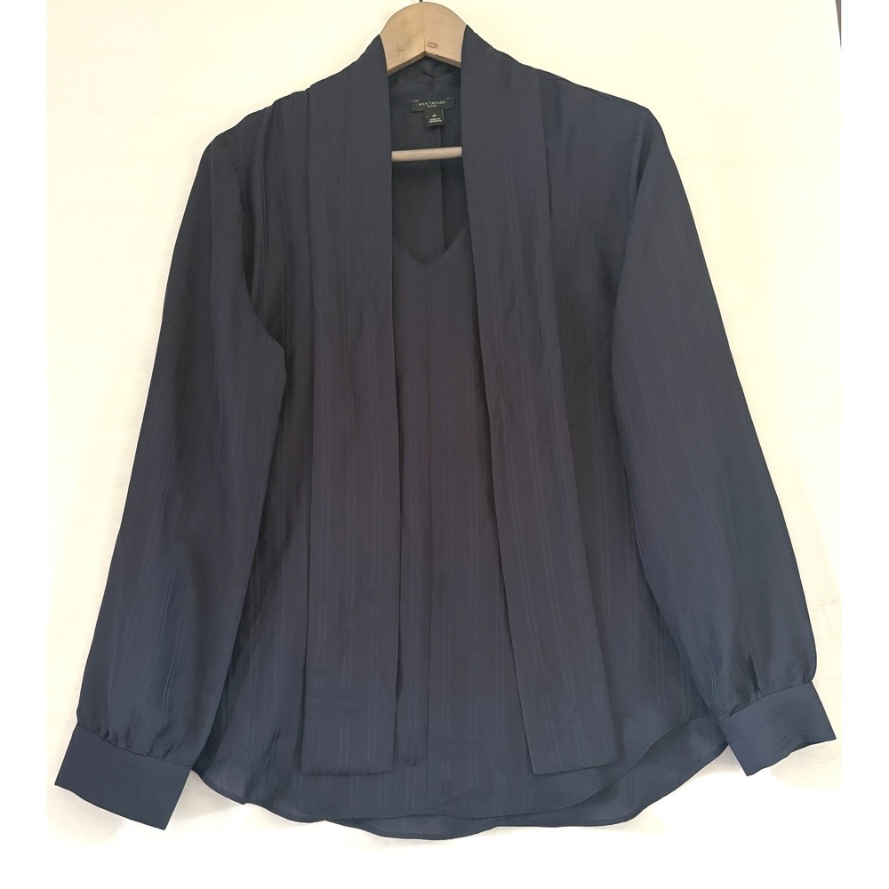 Ann Taylor Petite Navy Blue Tie Neck Shadow Stripe‎ Blouse Top MP Long Sleeve